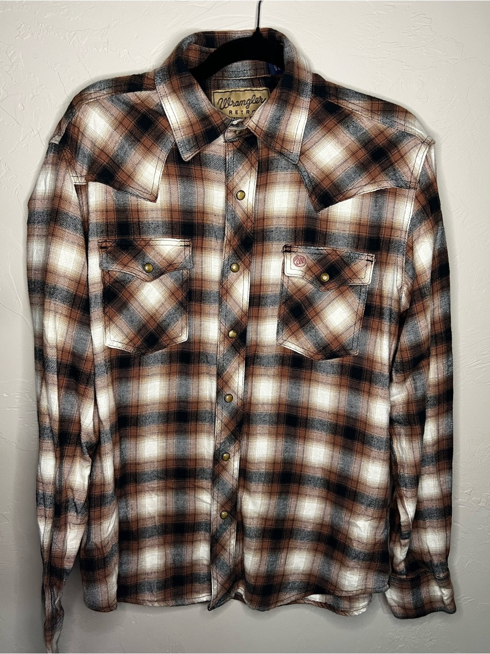 Wrangler Retro Brown Plaid Pearl Snap Flannel Western Cowboy Long‎ Sleeve Shirt - Picture 2 of 11